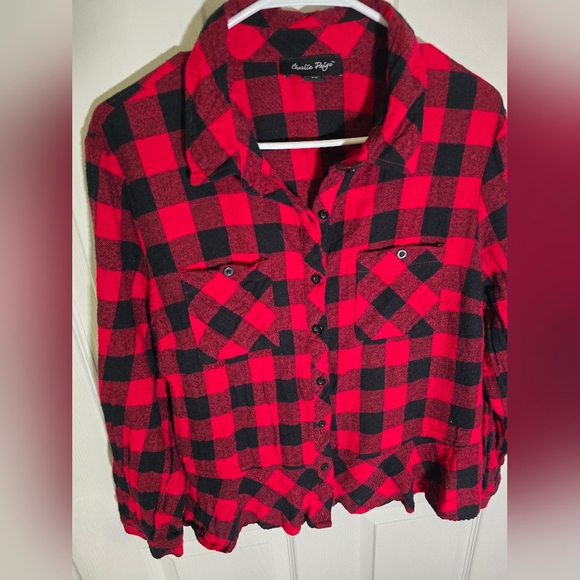 Charlie Paige Red Flannel Womens Long Sleeve Button Up Top Large - Picture 8 of 10